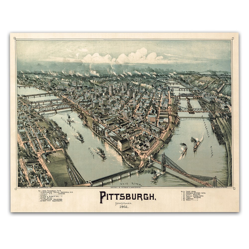 Pittsburgh Pennsylvania 1902 Birdseye View Map Historic City River Bridge Print