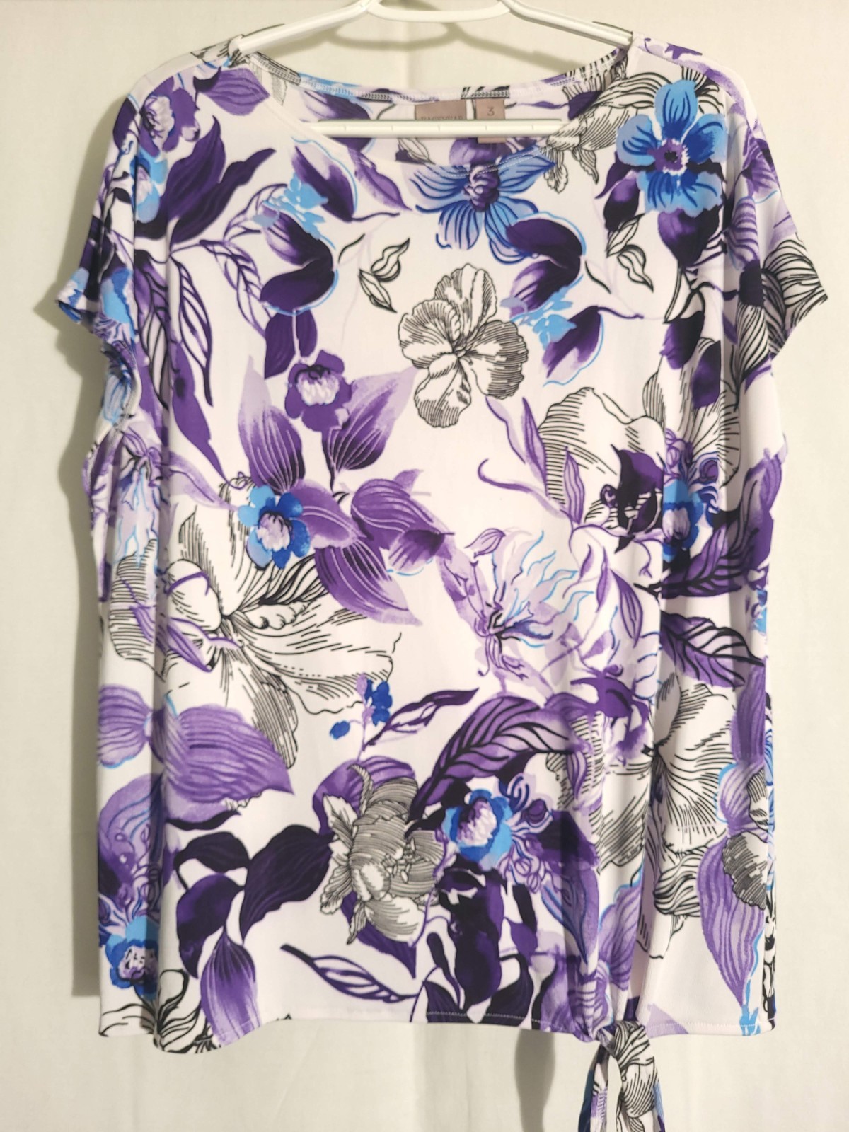 Easywear Chicos-White Black Purple Blue Floral Short Sleeve Tie Front Top-3 XL