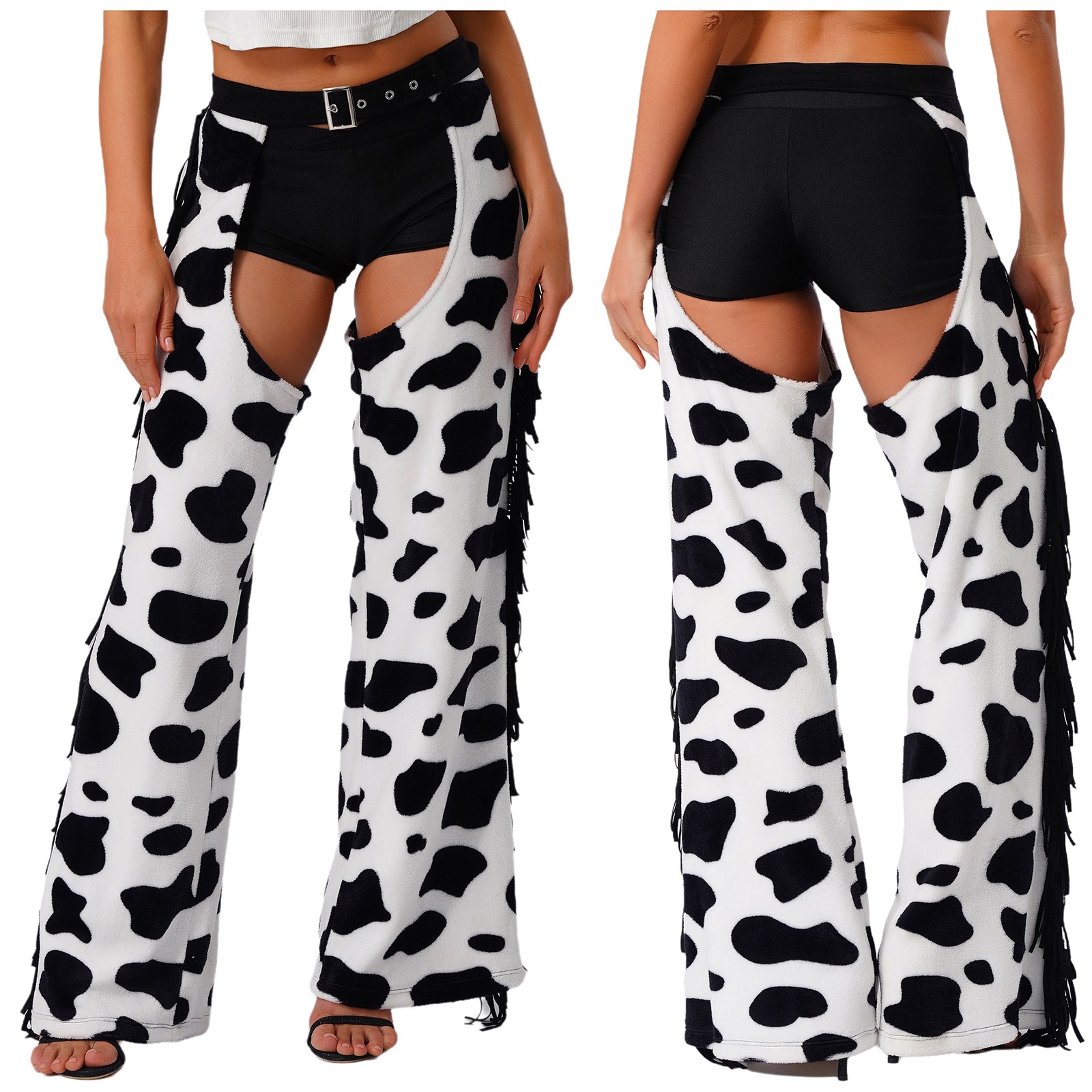 US YiZYiF Womens Cowboy Chaps Cow Print Trousers Halloween Western Tassel Chaps