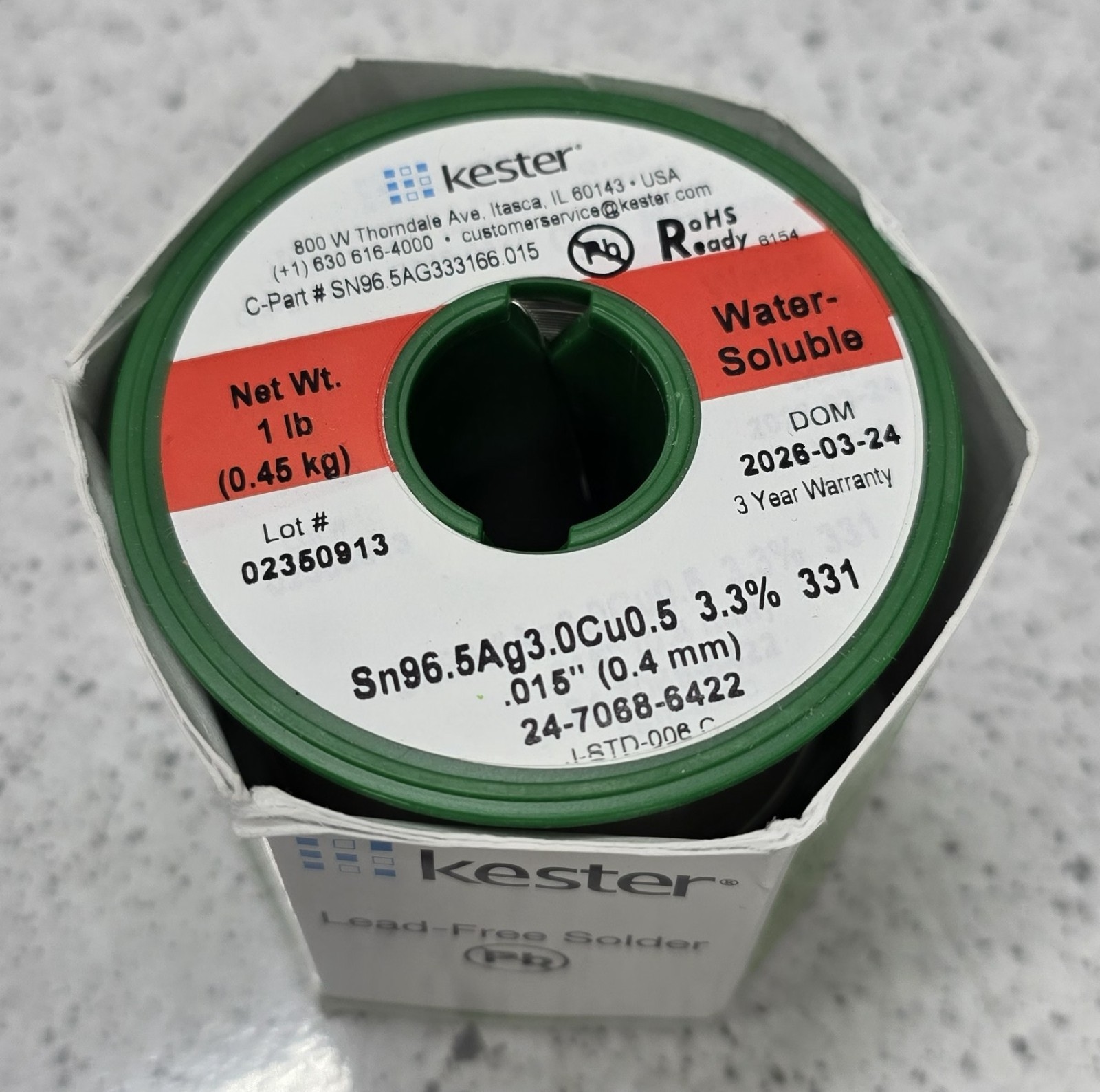 Kester 24-7068-6422 Solder Wire, Water Soluble, Lead Free, SAC305, 3.3%, 0.015 Kester 24-7068-6422 Solder Wire, Water Soluble, Lead Free, SAC305, 3.3%, 0.015