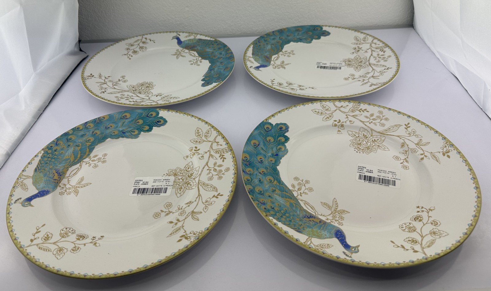 Set of 4 222 Fifth Peacock Garden Dinner Plates 10.75'' White with peacock