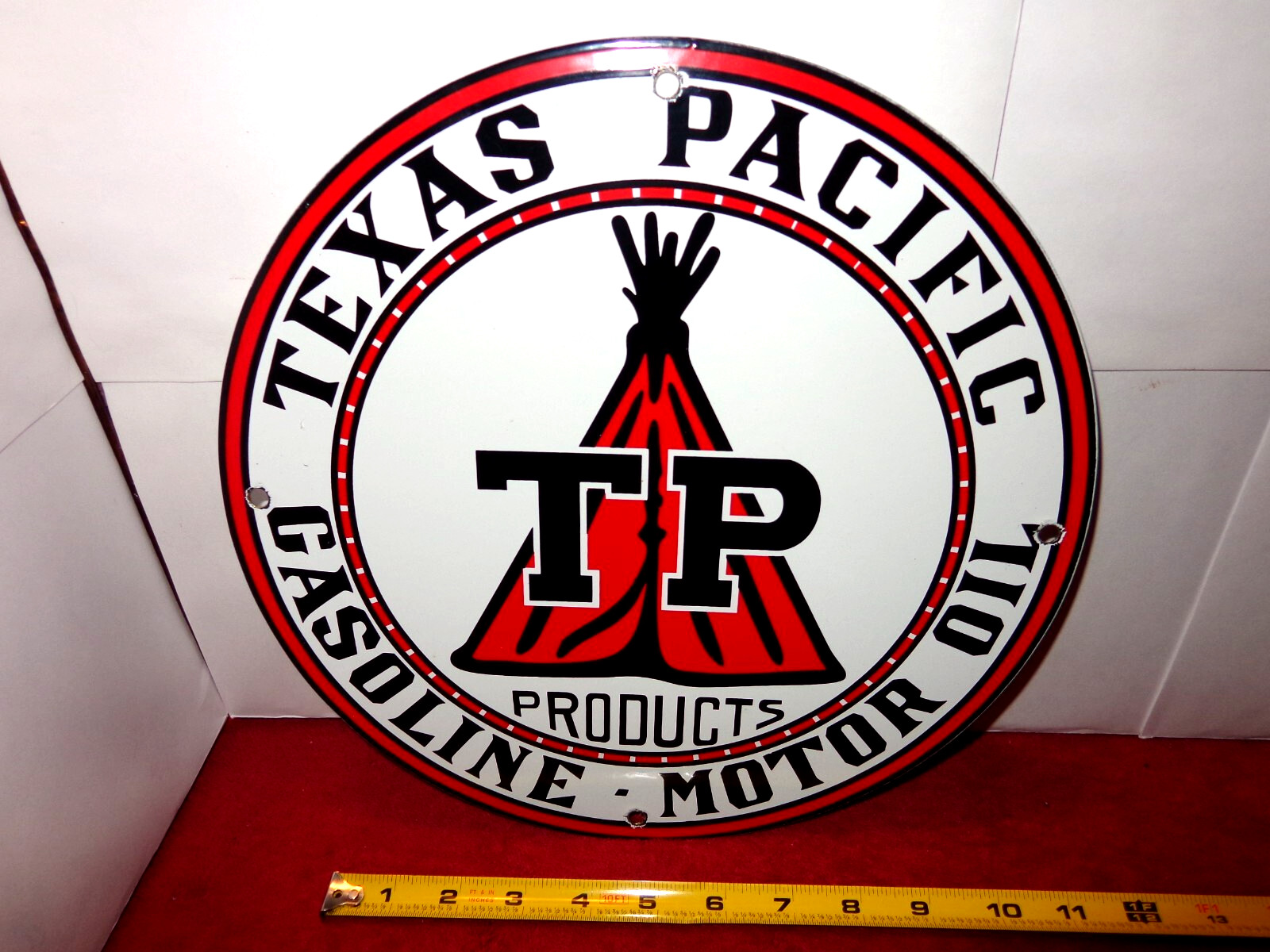 VINTAGE 10 5/8 in TEXAS PACIFIC GASOLINE & OIL ADV. SIGN METAL PORCELAIN # 812A VINTAGE 10 5/8 in TEXAS PACIFIC GASOLINE & OIL ADV. SIGN METAL PORCELAIN # 812A