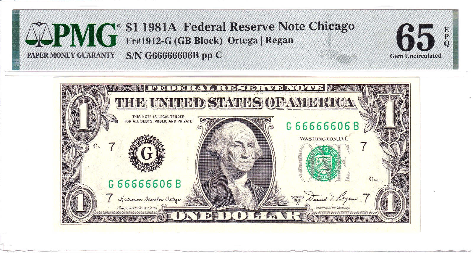 1981-A $1 FRN PMG Gem Unc 65EPQ 0/6 Binary Near Solid #G66666606B 1981-A $1 FRN PMG Gem Unc 65EPQ 0/6 Binary Near Solid #G66666606B