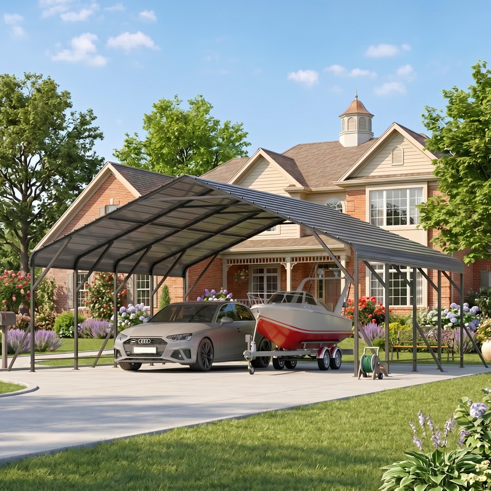 20x20/30/40FT Metal Carport, Heavy Duty, Triangular Support, Reinforced Base
