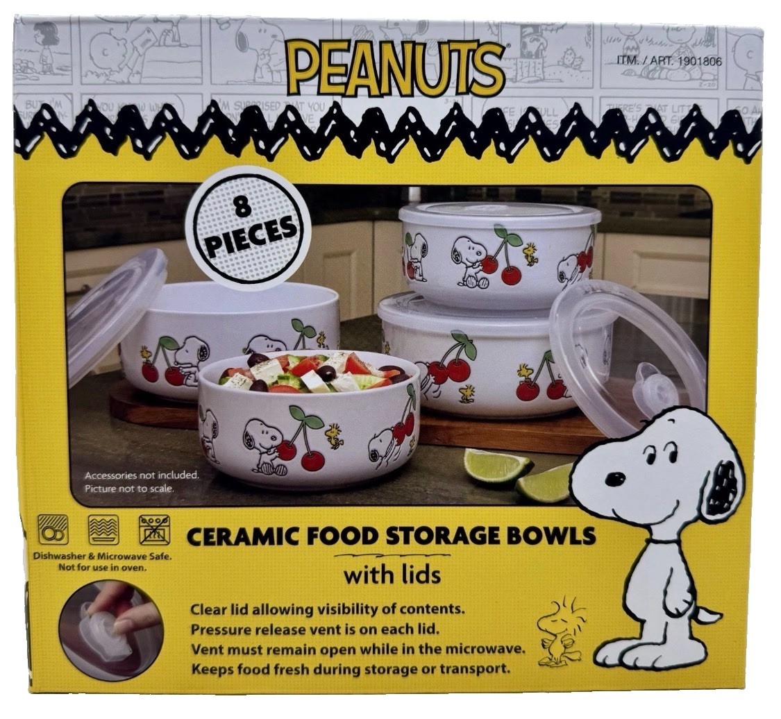 Peanuts Snoopy 8 Piece Ceramic Food Storage set Bowls With Lids Cherries Costco