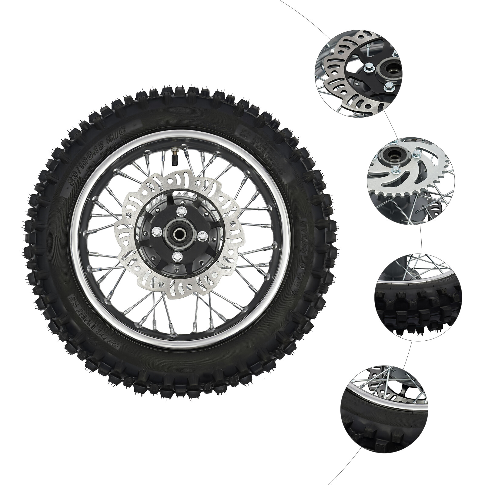 12Inch 80/100-12 Rear Wheel Tire Rim Sprocket For Pit Dirt Bike 70cc 110cc