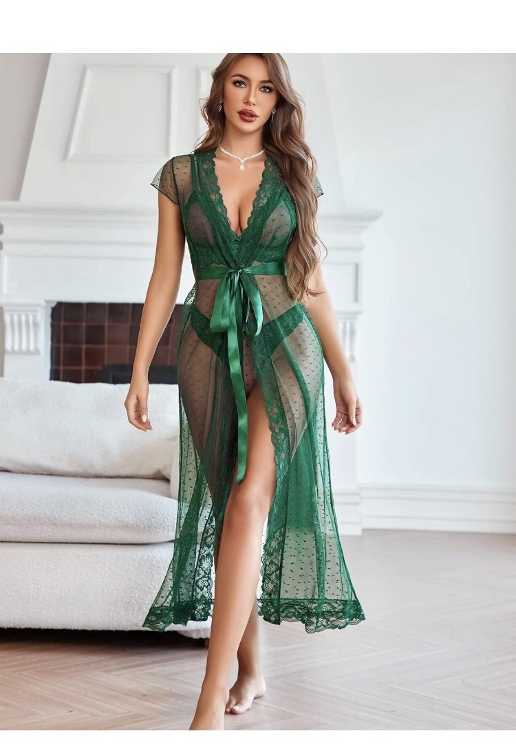 Women Sexy Lingerie 3 Piece Set Sheer Polka Dot Lace Robe with Bra and Panty