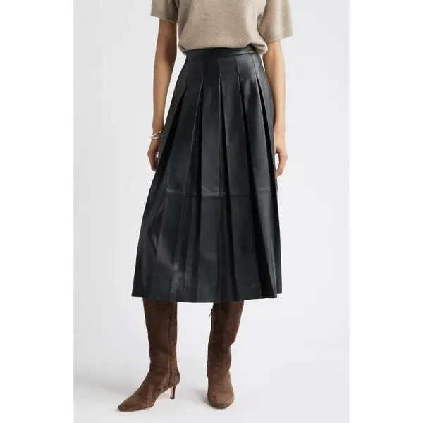 NEW Nordstrom Pleated Leather Skirt in Black Size L #P4035