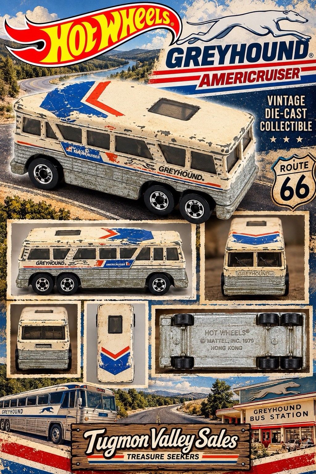 Vintage Hot Wheels Greyhound Americruiser Bus Hong Kong 1979 6 Wheel Diecast