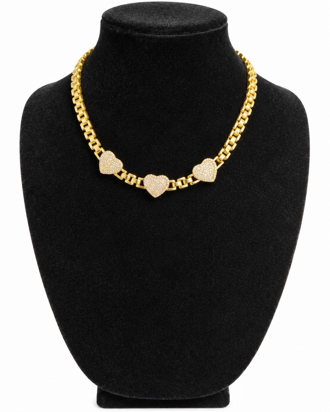 Gold Tone Yellow Gold Plated Cuban Link Heart Pavé Crystal Station Necklace Gold Tone Yellow Gold Plated Cuban Link Heart Pavé Crystal Station Necklace
