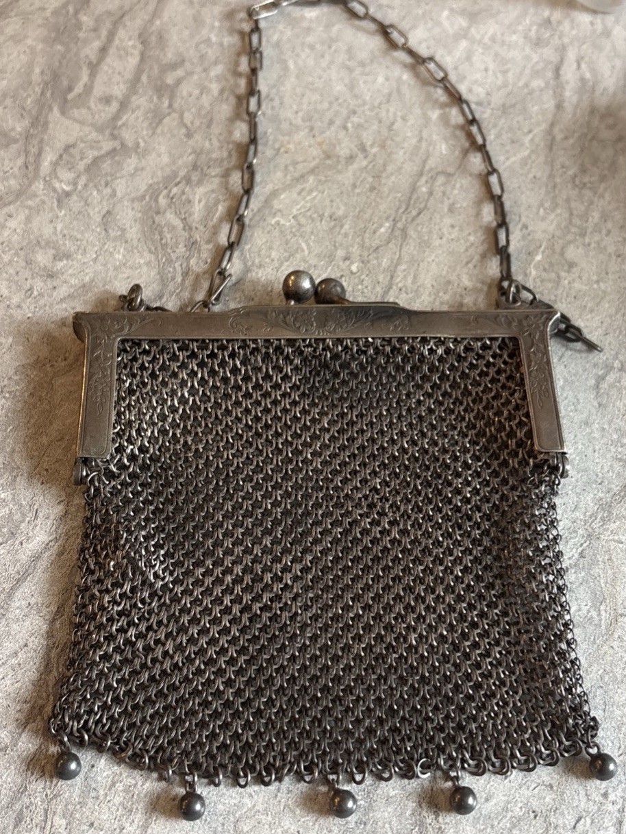 Antique 1920s German Silver Mesh Flapper Purse 5 Dangles Intact Stamped Antique 1920s German Silver Mesh Flapper Purse 5 Dangles Intact Stamped