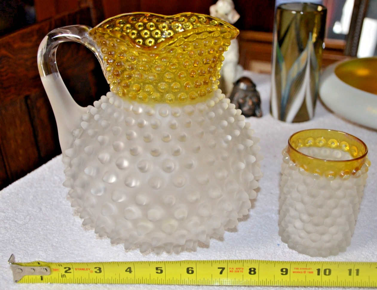 RARE Antique Hobbs Brockunier Dew Drop Satin Frances Ware WATER Pitcher  & CUP