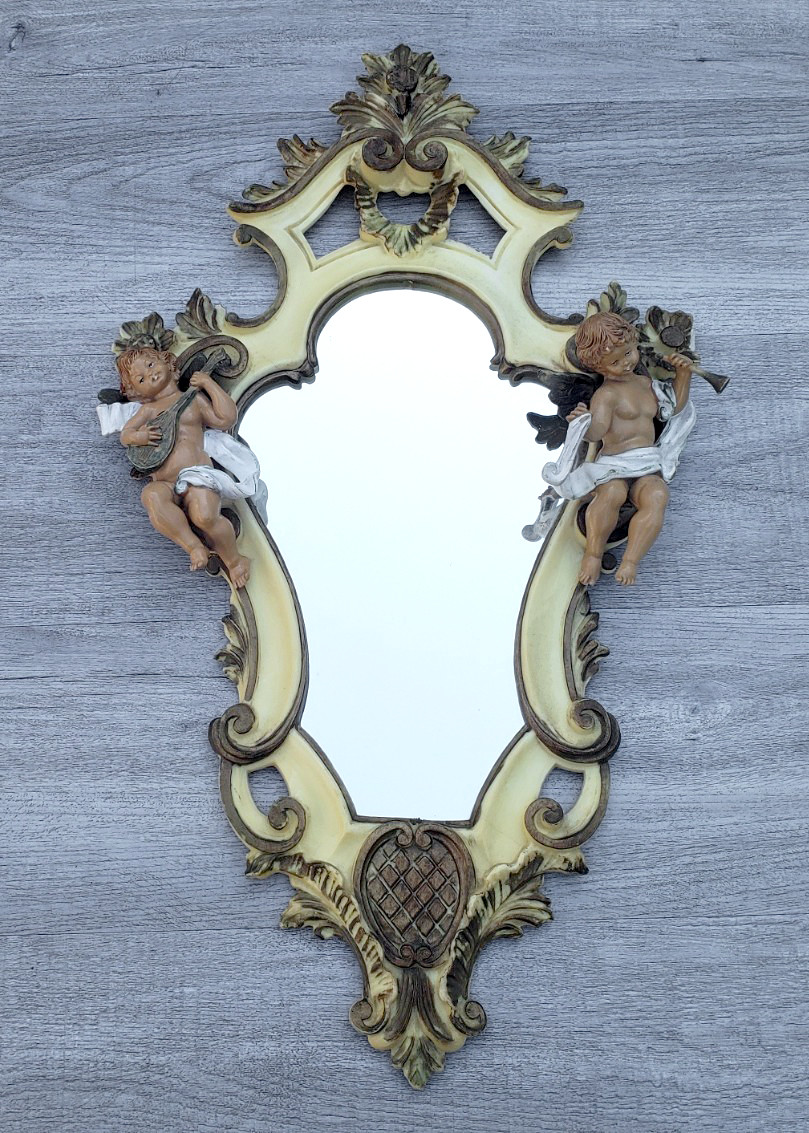 Vintage Italian Cherub Wall Mirror Baroque Rococo Musician Putti Italy 22\