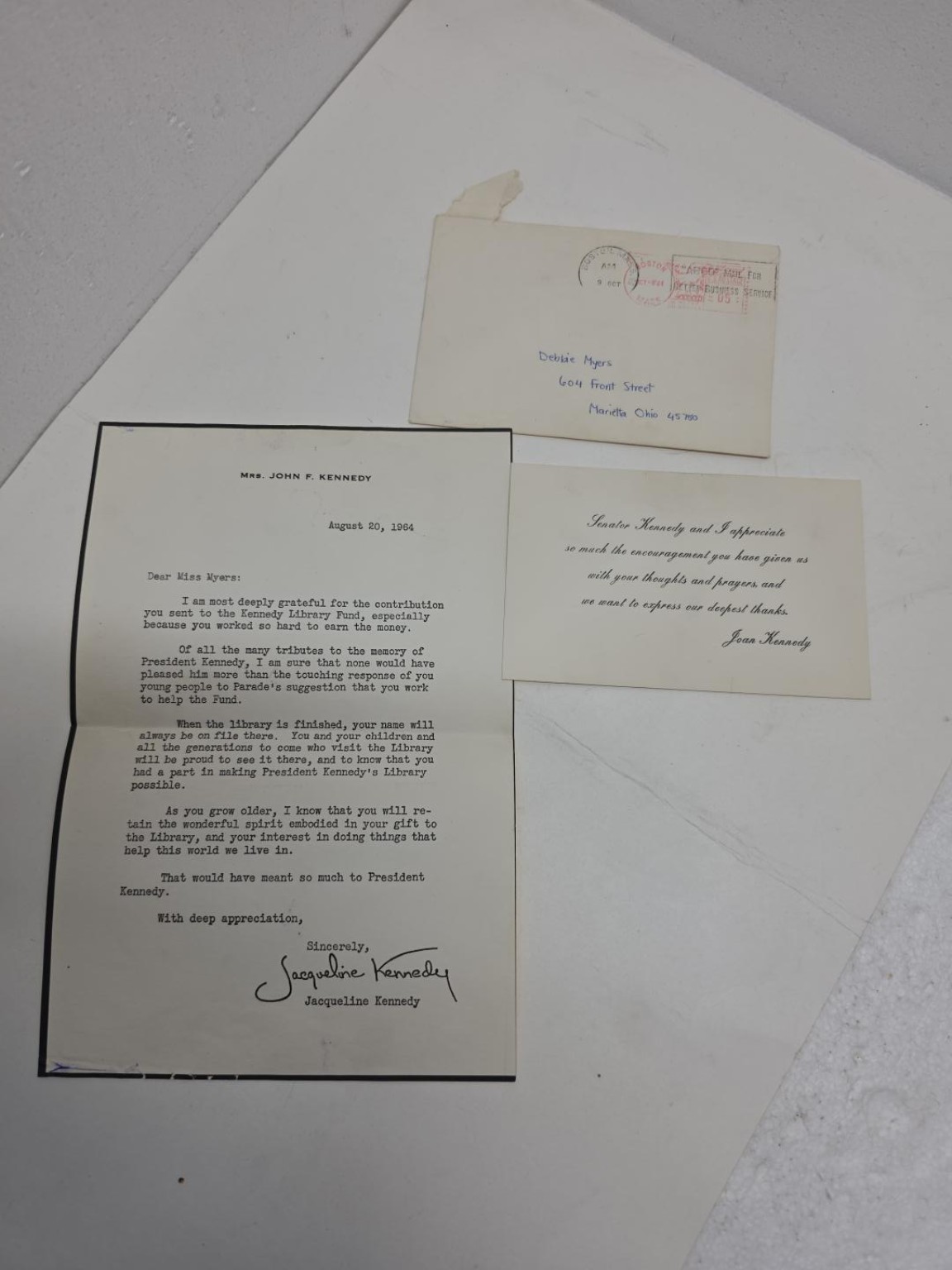 1964 Jacqueline Kennedy JFK Library Fund Letter + Envelope & JFK Memorial Prayer 1964 Jacqueline Kennedy JFK Library Fund Letter + Envelope & JFK Memorial Prayer