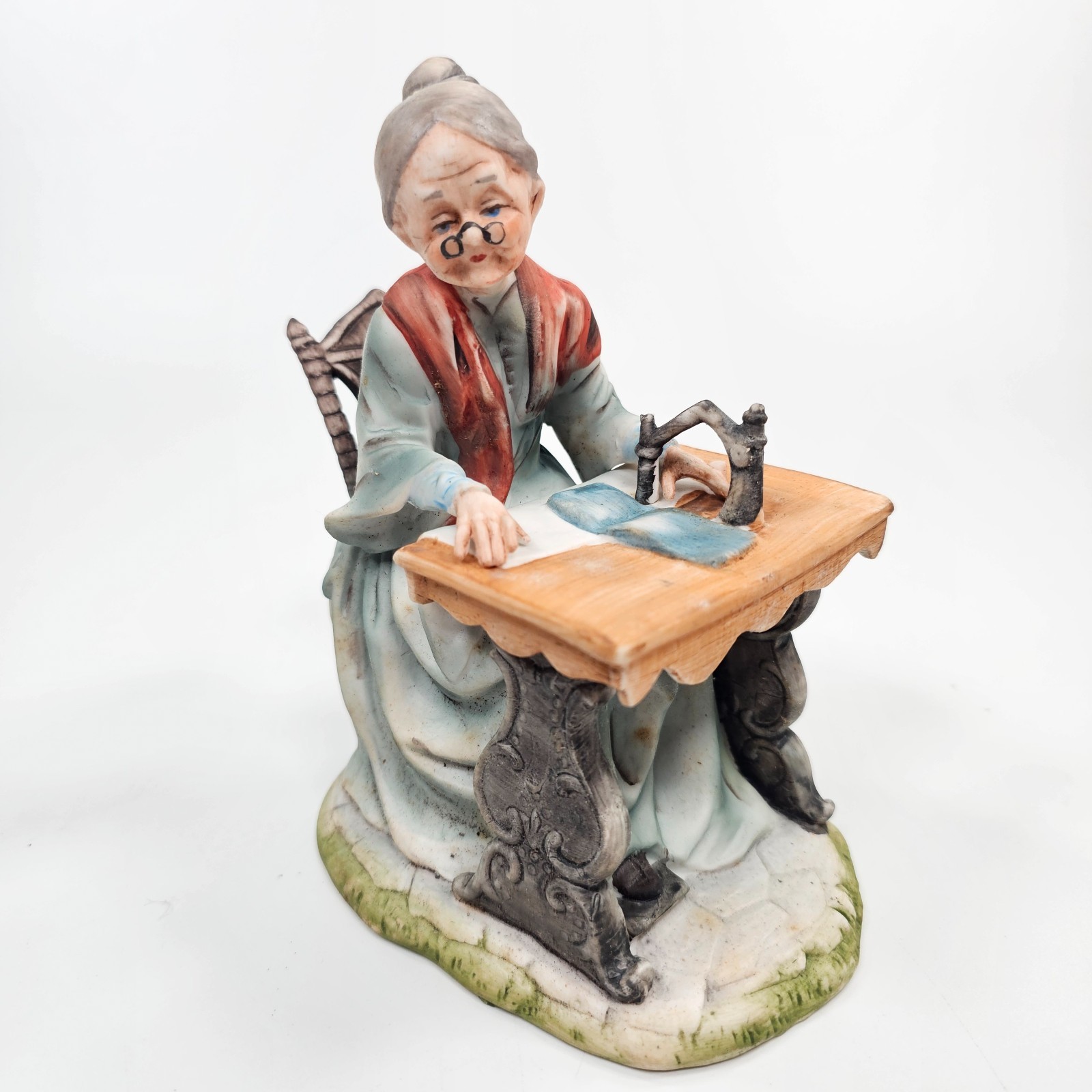 Vintage Bisque Porcelain Grandmother Sewing Machine Figurine Seamstress Granny