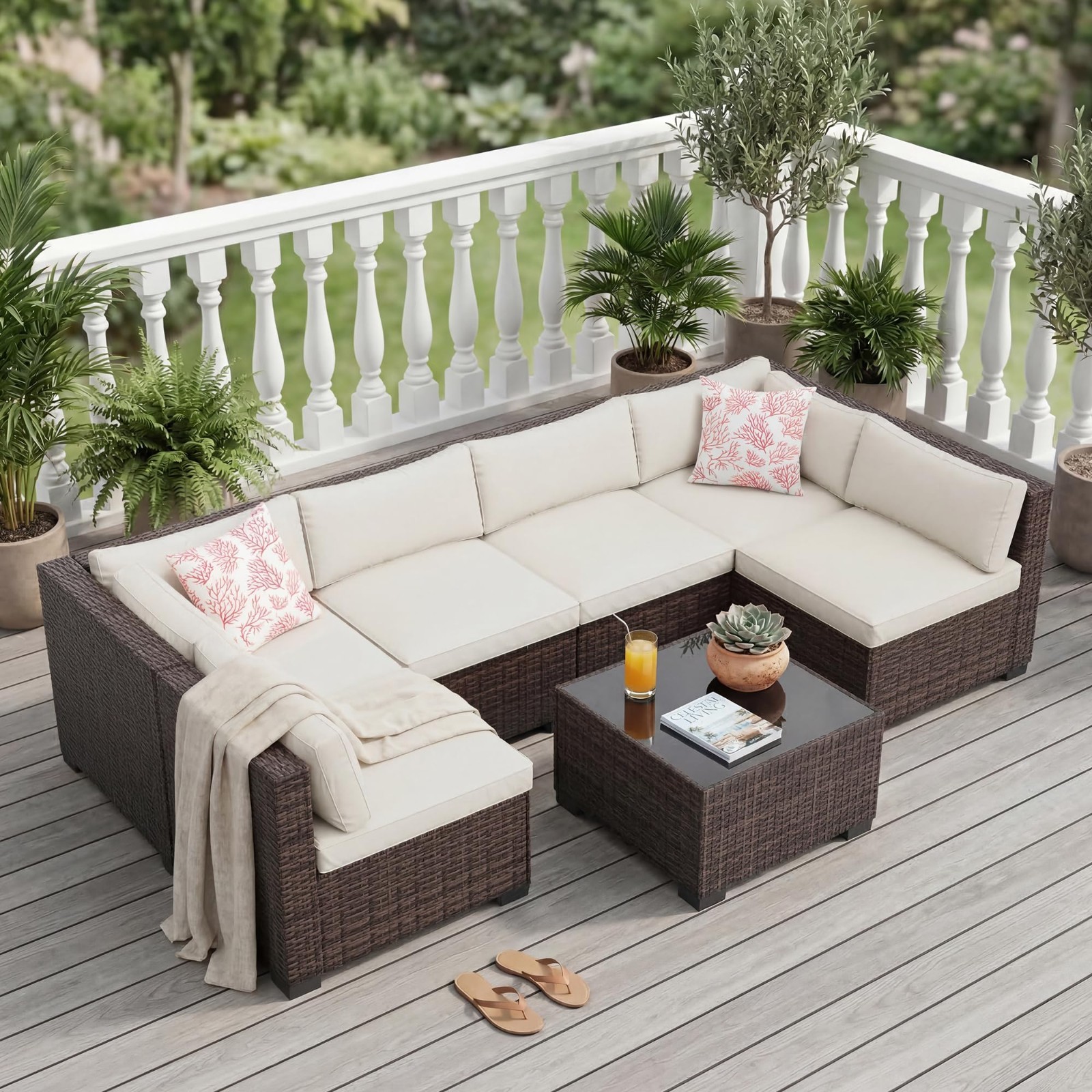 7 Piece Patio Wicker Set Sectional Rattan Sofa Conversation Outdoor Furniture