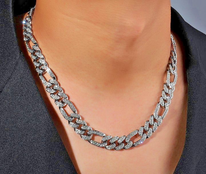 Miami Figaro Link Chain,Solid AA CZ Studded Figaro chain,White Gold Plated Chain