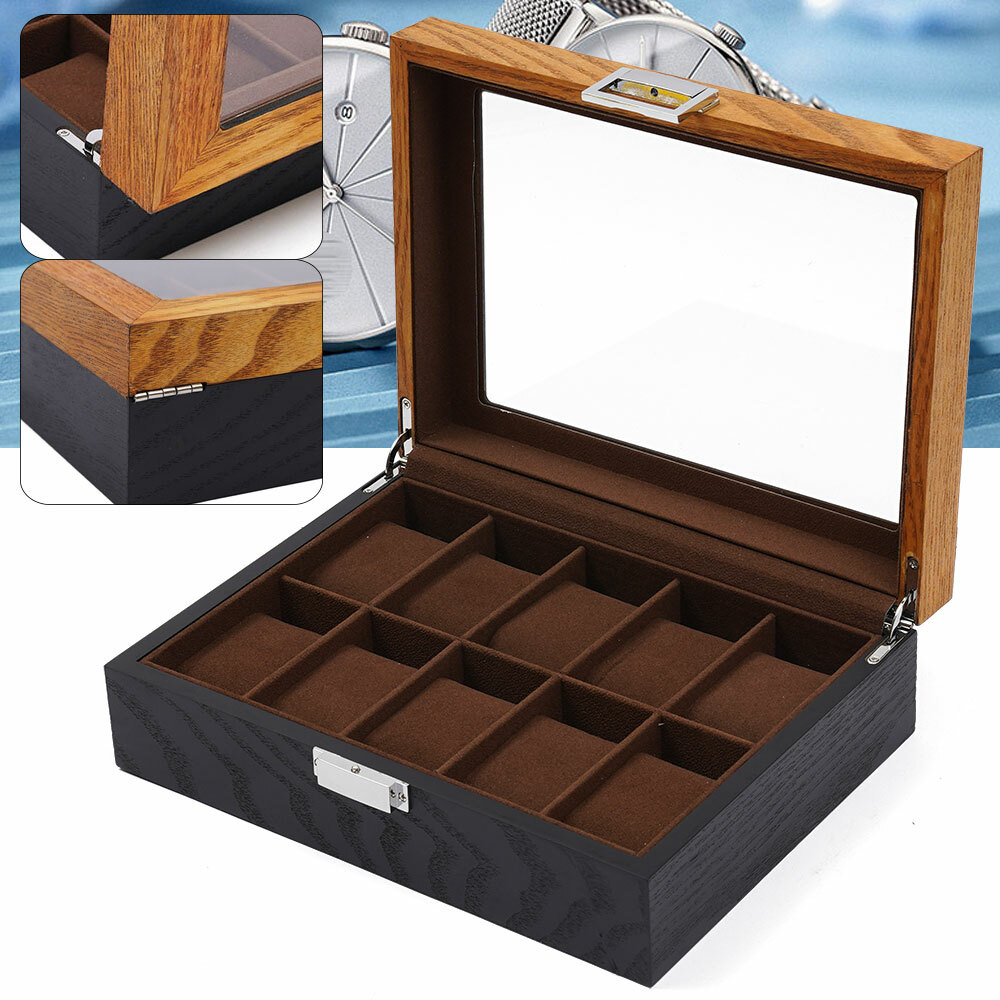 10-Slot Watch Box Wooden Organizer Top Glass Jewelry Storage Display Case+Lock 10-Slot Watch Box Wooden Organizer Top Glass Jewelry Storage Display Case+Lock