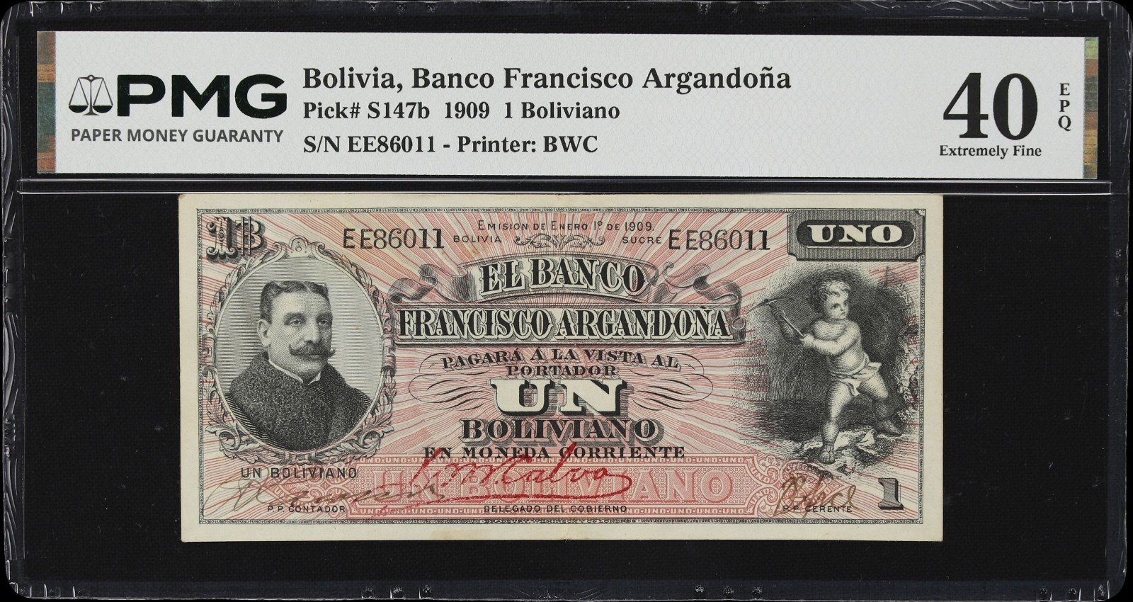 BOLIVIA Banco Francisco Argandoña 1 Boliviano 1.1. 1909 P# S147b PMG EF 40 EPQ BOLIVIA Banco Francisco Argandoña 1 Boliviano 1.1. 1909 P# S147b PMG EF 40 EPQ