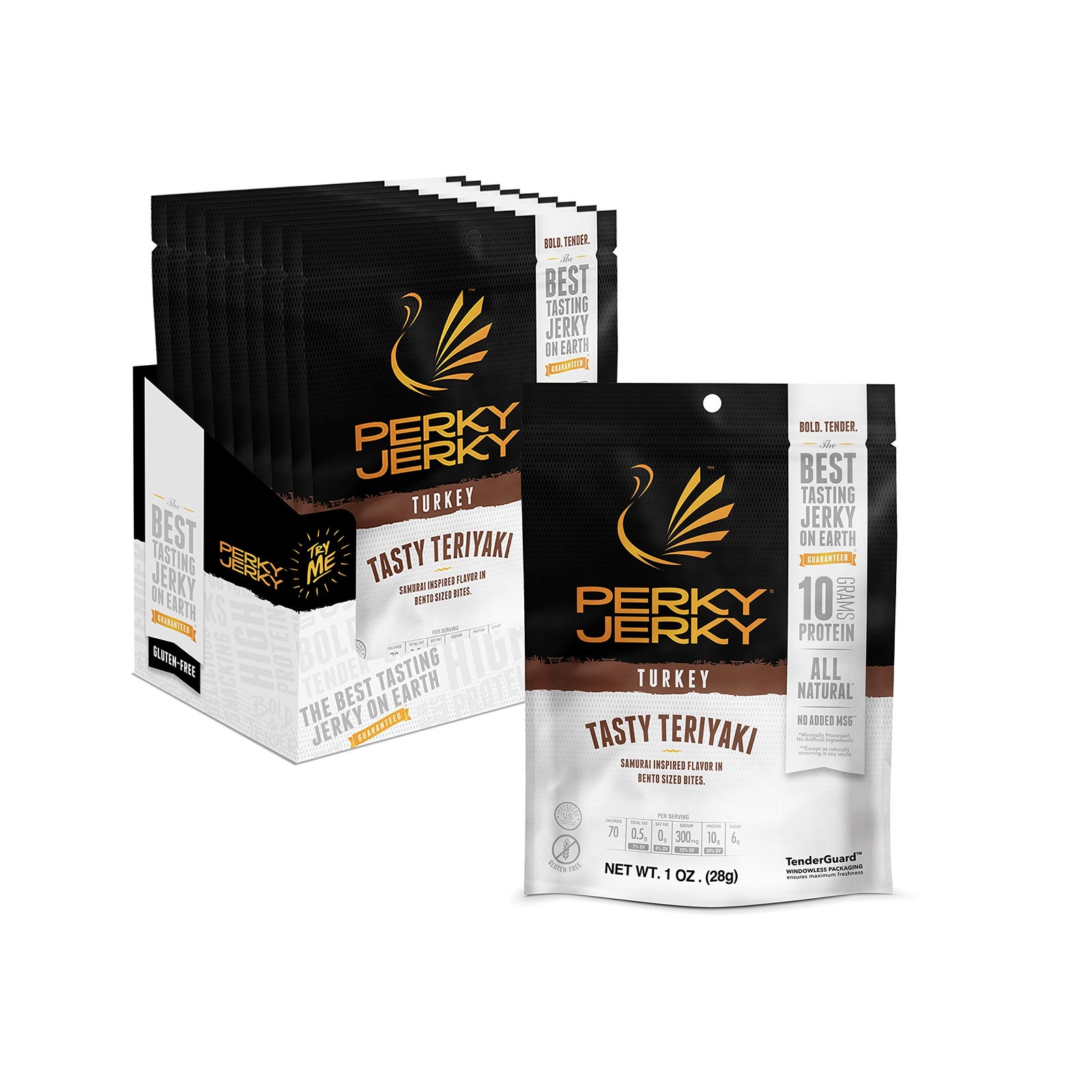 Perky Jerky Tasty Teriyaki Turkey Jerky, 1oz Pack of 12 - Low Sodium - 10g Pr...