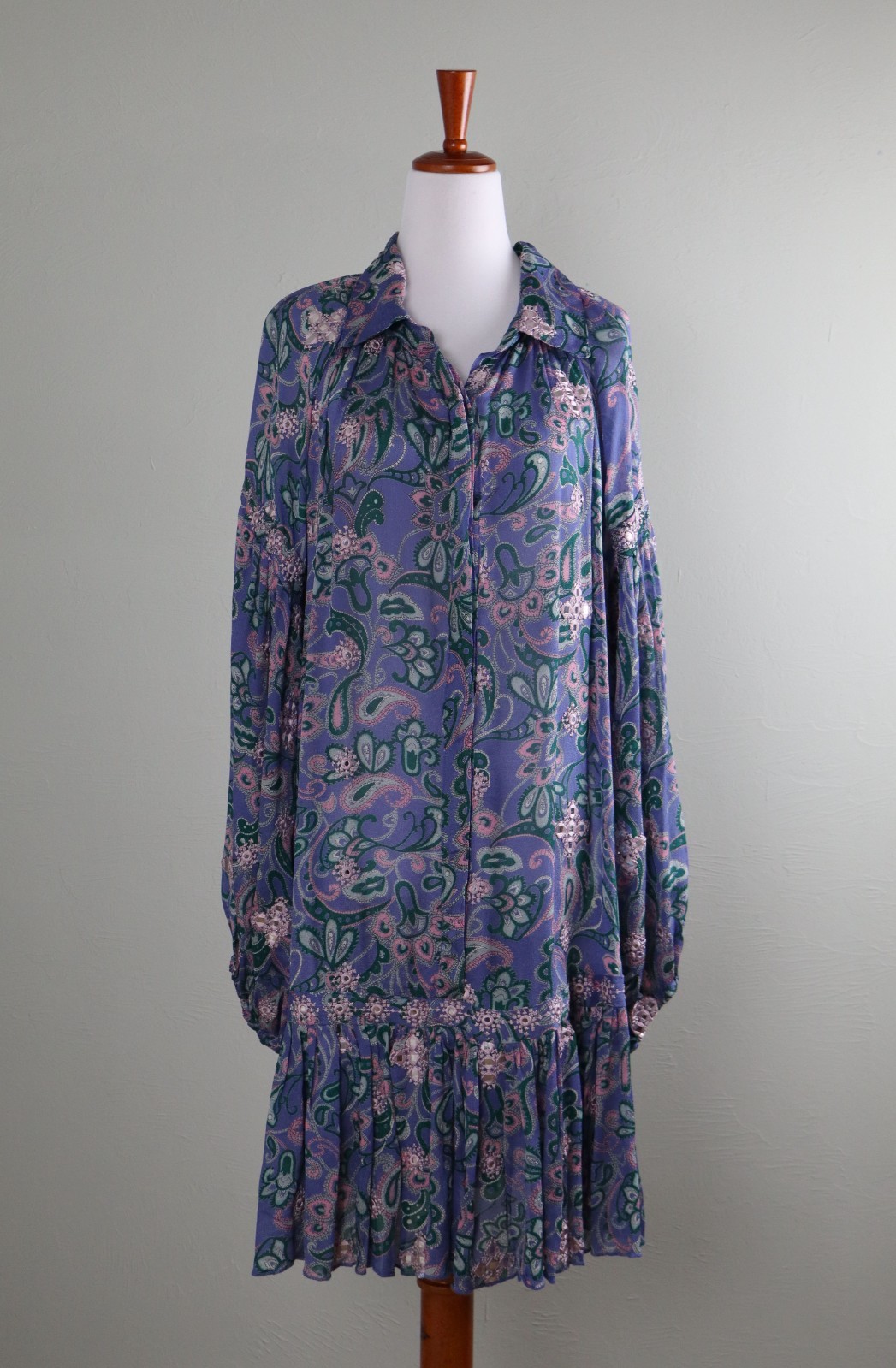MISS JUNE $274 Paisley Crepe Embroidered Embellished Shirt Dress One Size