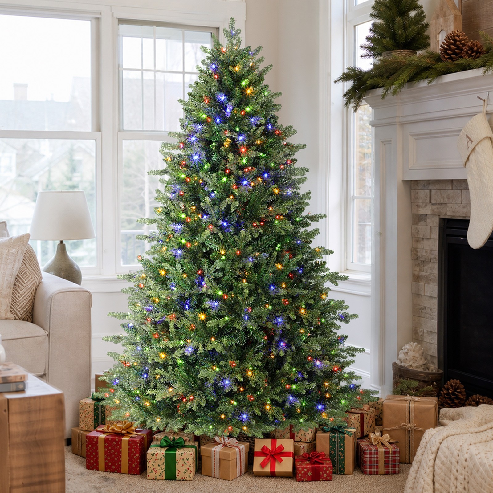 5.5‑7.5FT Fir PE‑Mix Pre‑Lit Artificial Christmas Tree Dual‑Color LED with Remot
