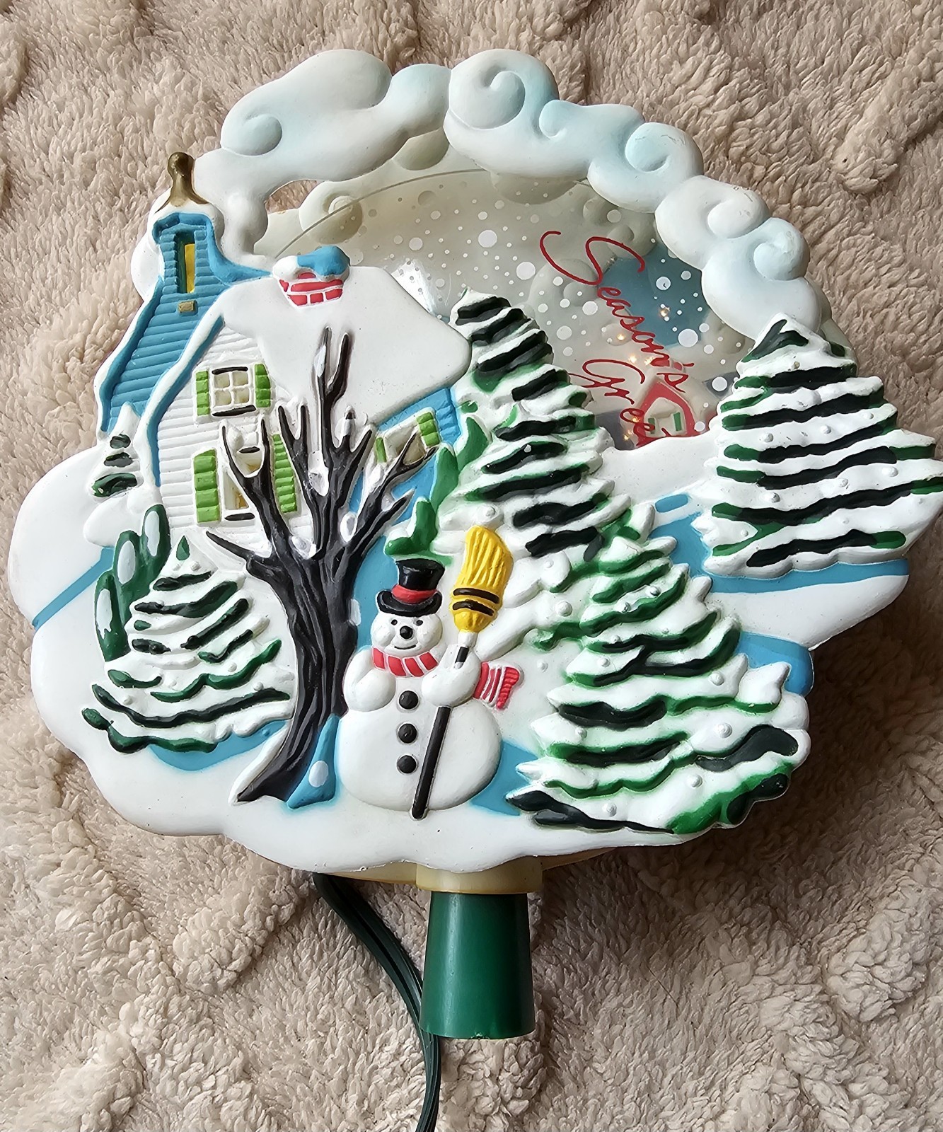 VTG 1992 Bradford Christmas In Motion Lighted Tree Topper Snowman Village Scene VTG 1992 Bradford Christmas In Motion Lighted Tree Topper Snowman Village Scene