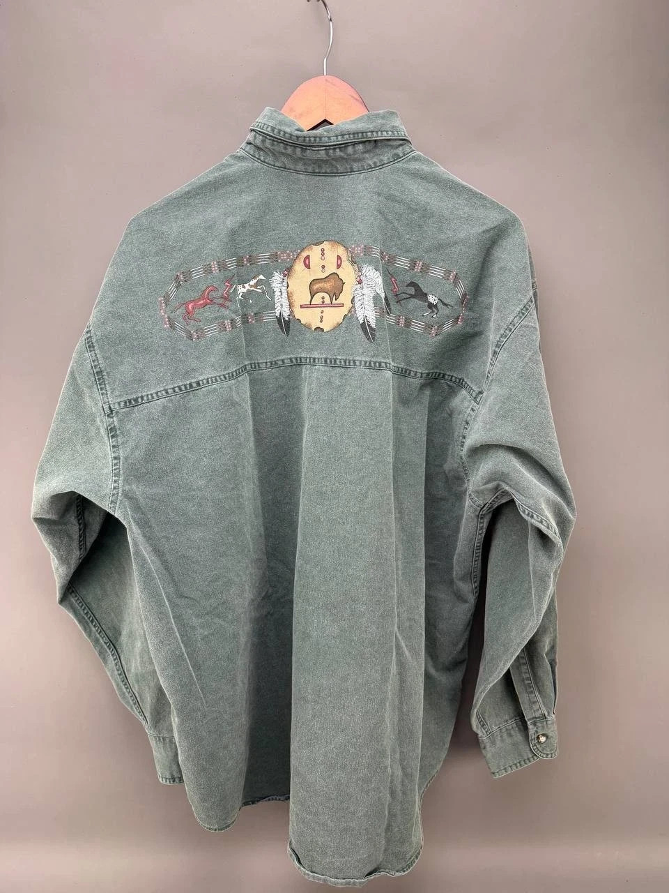 VTG Coldwater Creek Horses Buffalo Southwestern Made In USA Green Size XL VTG Coldwater Creek Horses Buffalo Southwestern Made In USA Green Size XL