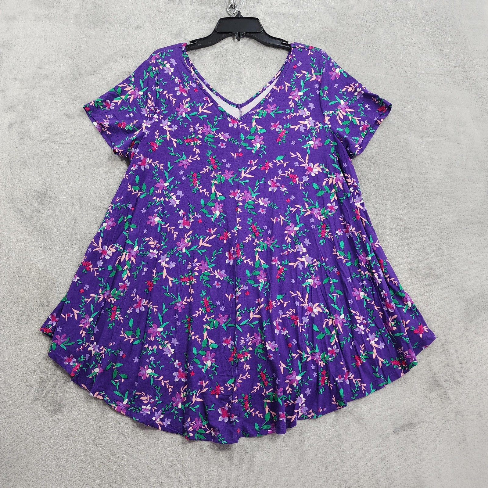 Roaman\'s Top Womens 18/20 Blue Purple Floral V-Neck Short Sleeve Tunic Flowy