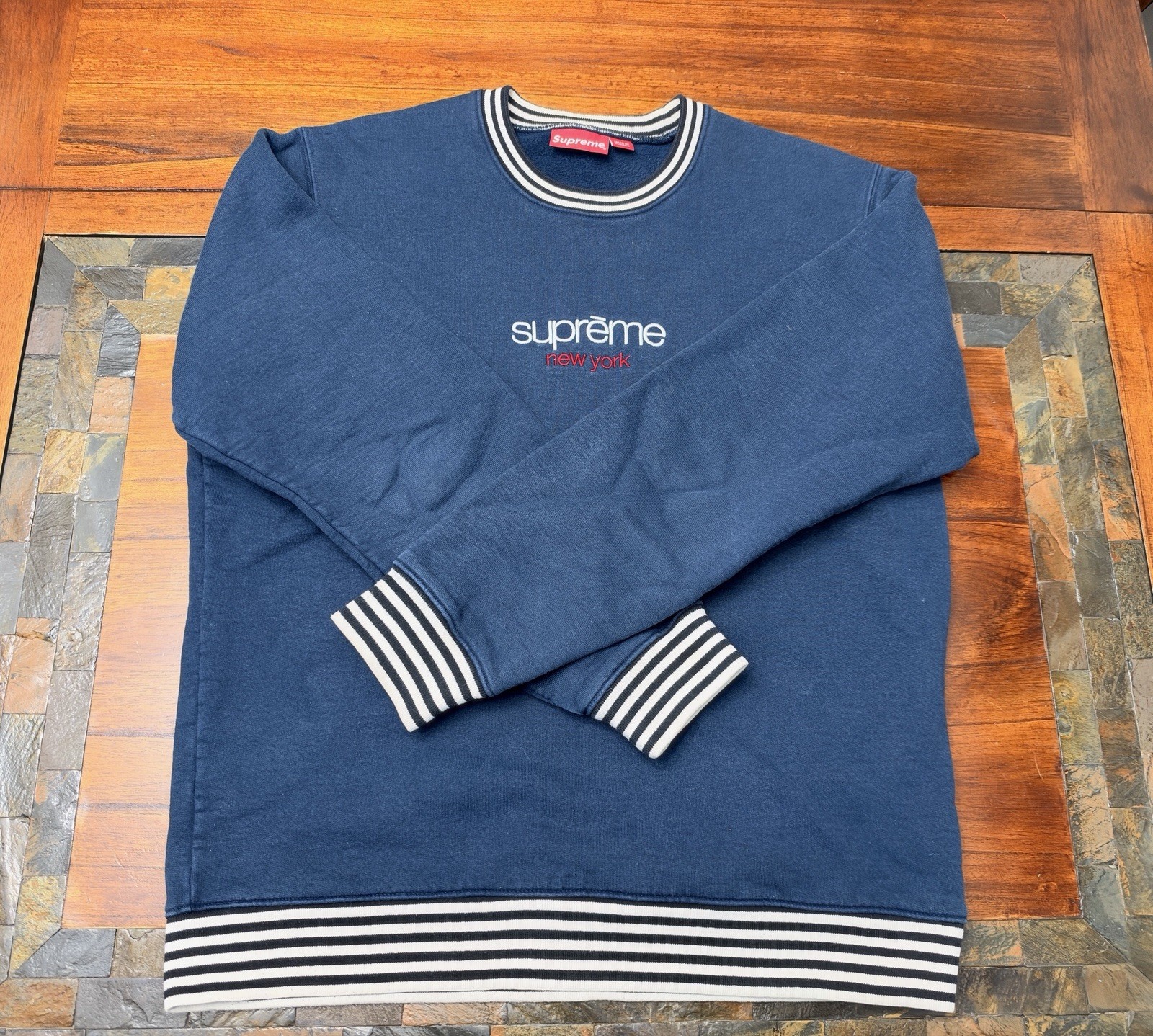 Supreme Classic Logo Striped Rib Crewneck FW14 Navy Large Box logo