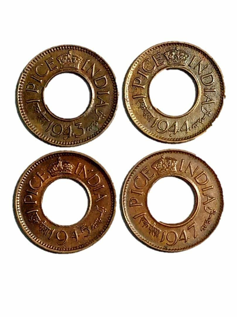 One Pice Hole Coin Set of All Dates 1943-44-45-47. British India 4 Coins Set One Pice Hole Coin Set of All Dates 1943-44-45-47. British India 4 Coins Set
