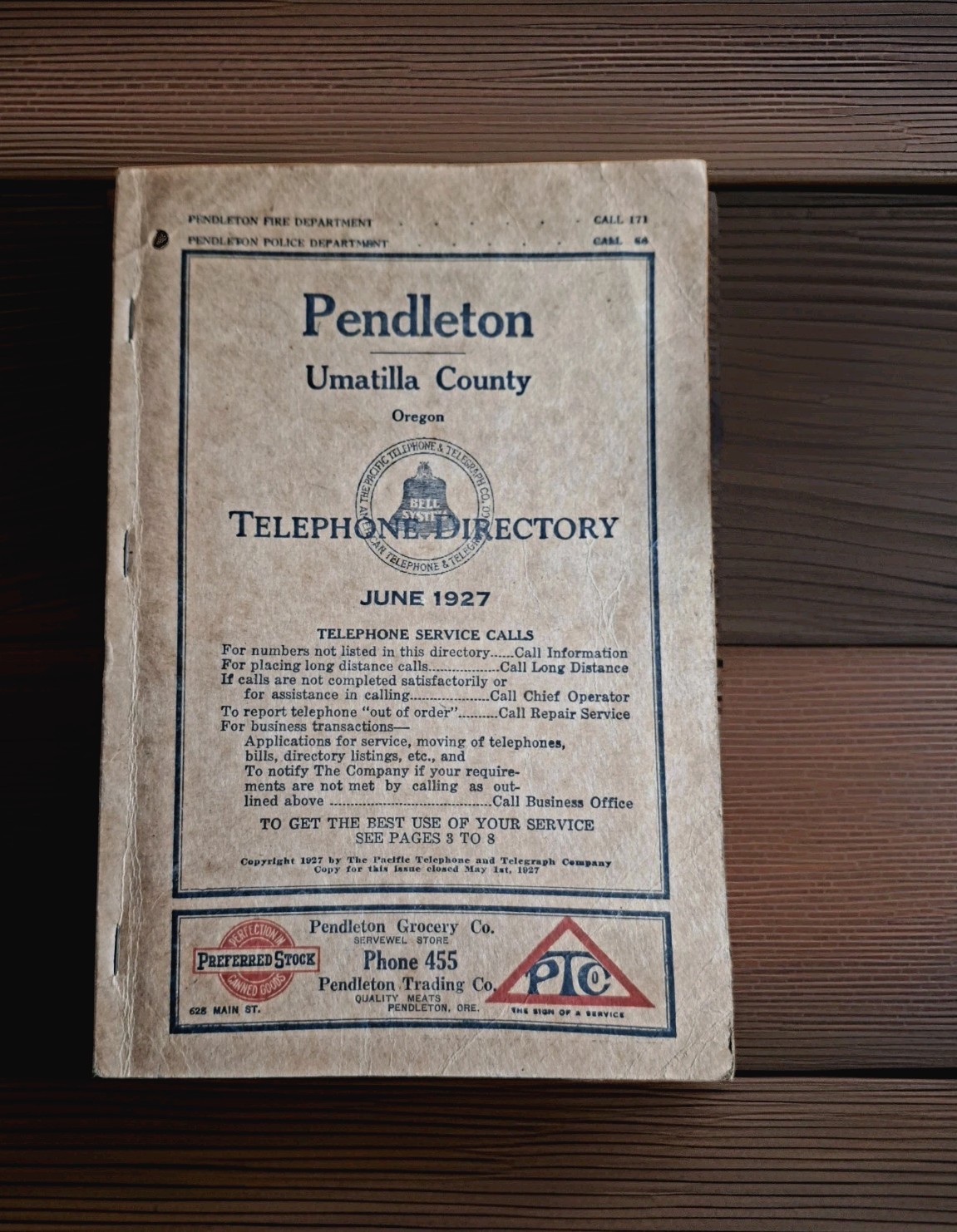 Vintage-1927 PENDLETON TELEPHONE DIRECTORY BOOK JUNE 1927 * RARE * Vintage-1927 PENDLETON TELEPHONE DIRECTORY BOOK JUNE 1927 * RARE *