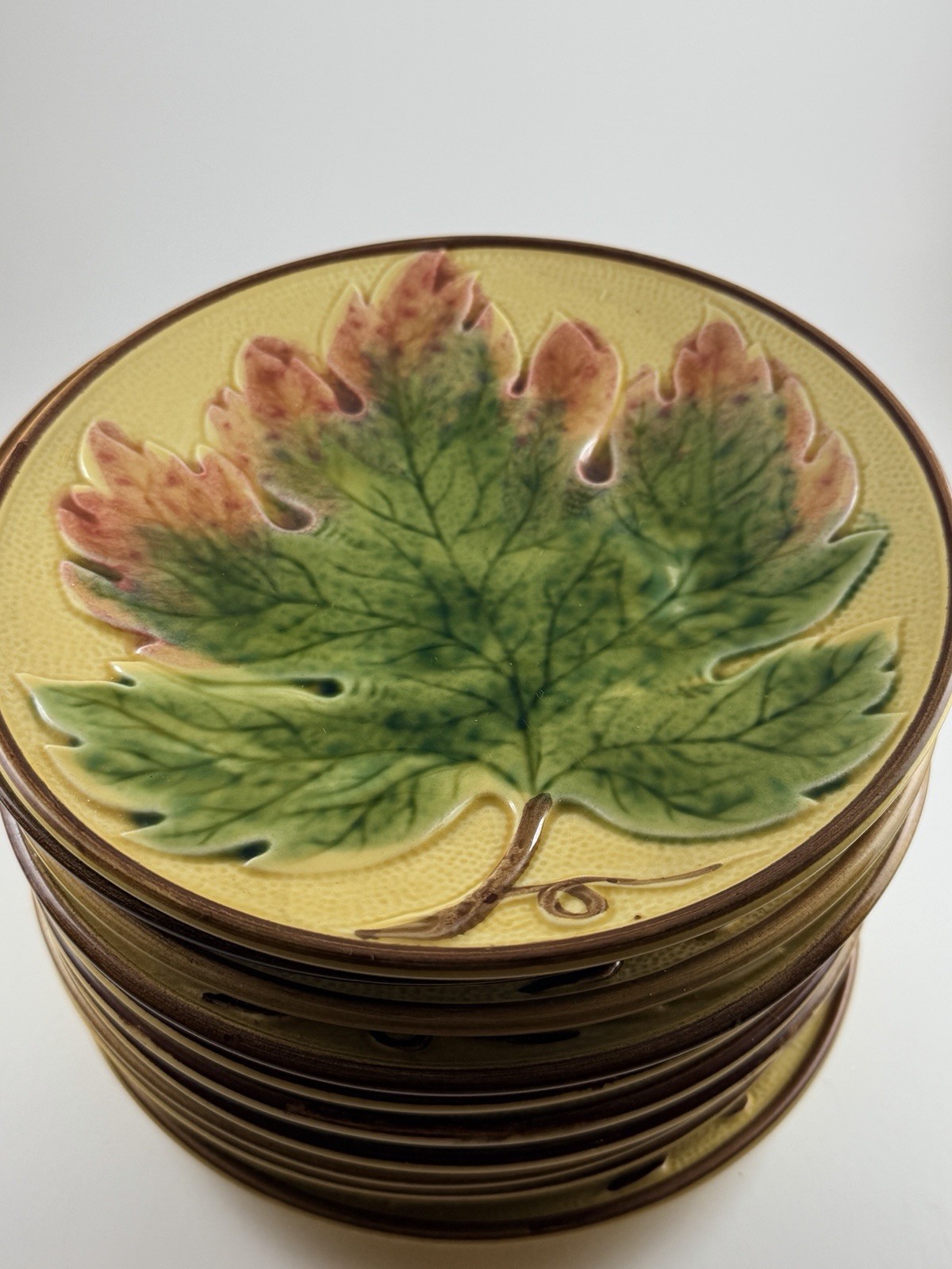 Antique G.S. Zell Majolica Germany #176 Leaf Plates Set of 11 6.5\