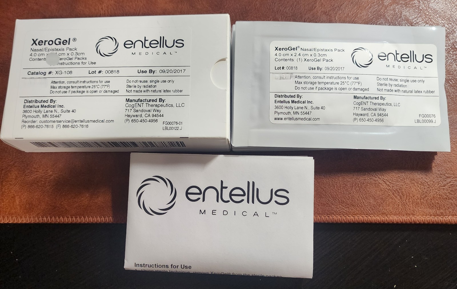 ENTELLUS MEDICAL XG-108 XeroGel Nasal/Epistaxis Pack (BOX of SIX) 4cmx2.4cmx.3cm