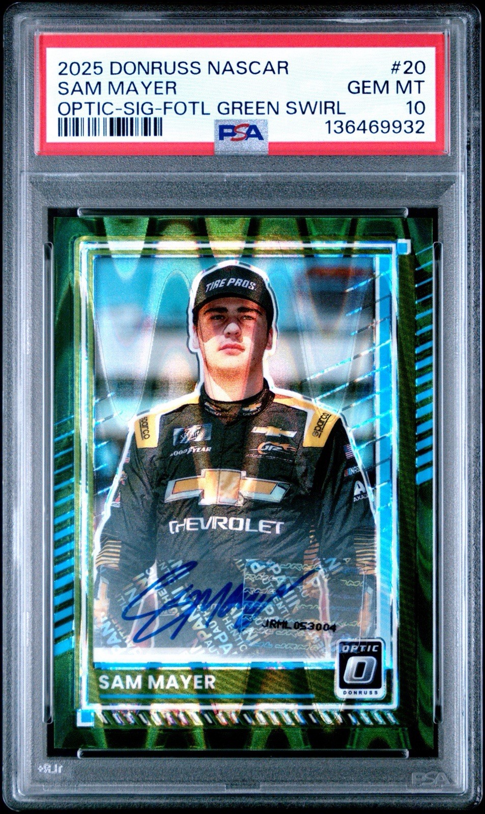 2025 Panini Donruss Racing NASCAR FOTL Green Swirl #20 Sam Mayer #1/5 PSA 10