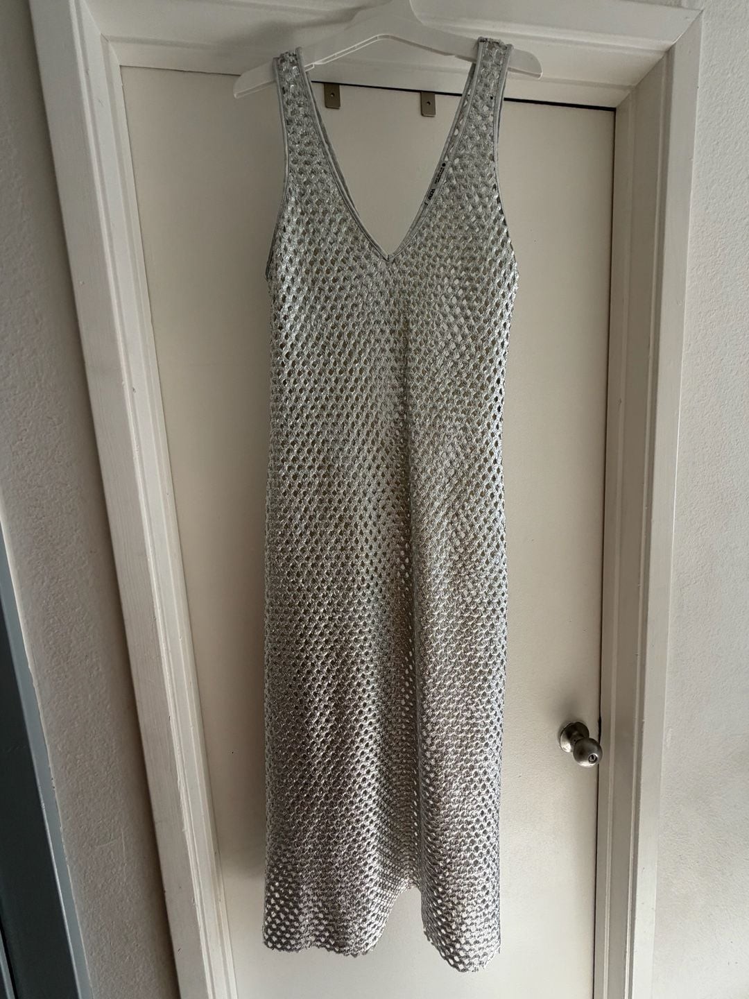 Zara Silver Metallic Crochet-Style Net Maxi Dress
