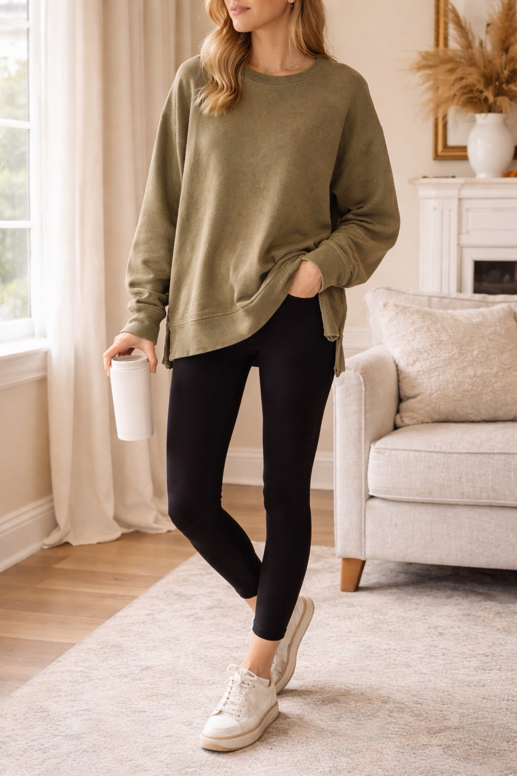 Aerie Olive Green Down to Earth Slouchy Oversize Crewneck Pullover Distressed S