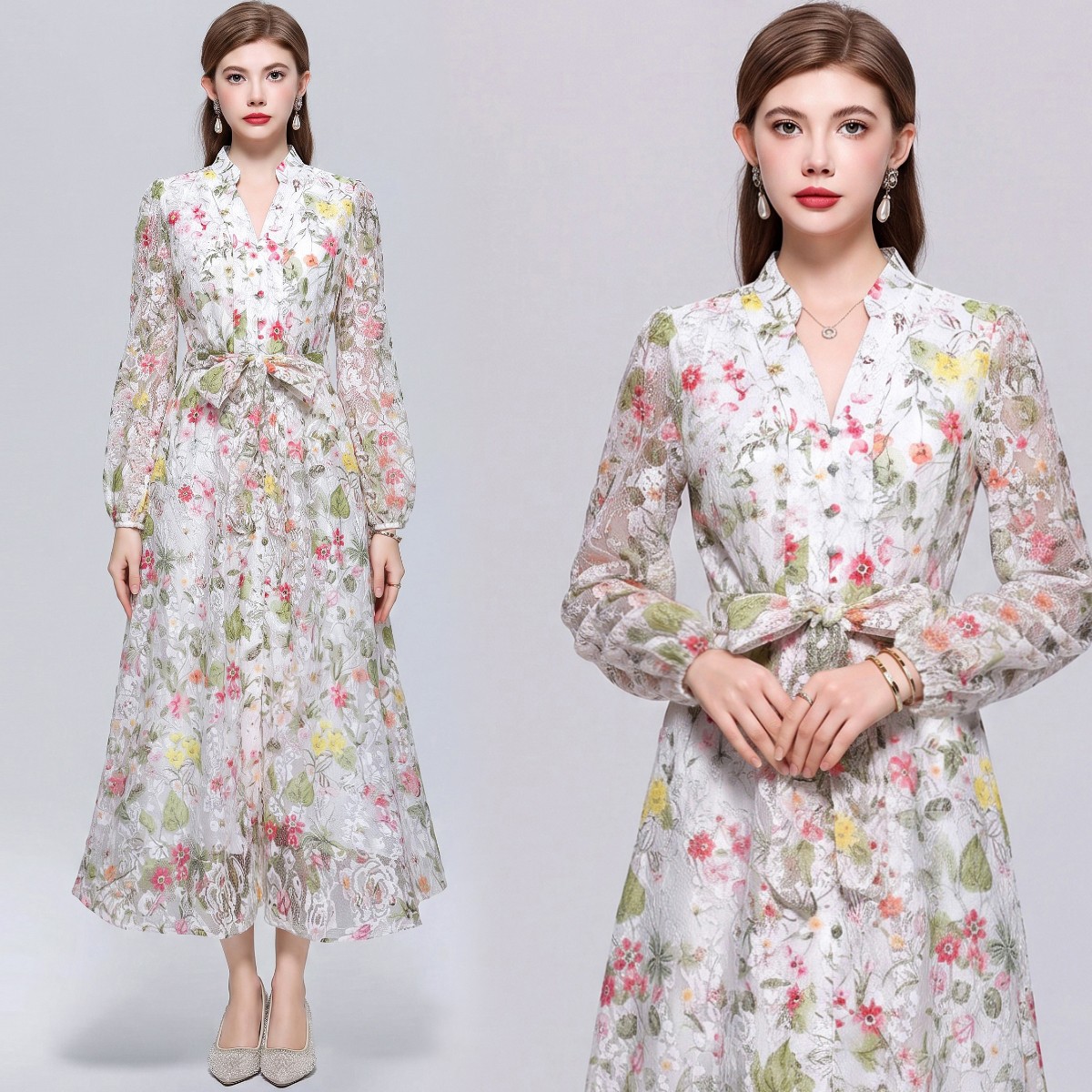 New Vintage Floral Embroideried Bow Tie Belt Women Casual Party Shirt Lace Dress