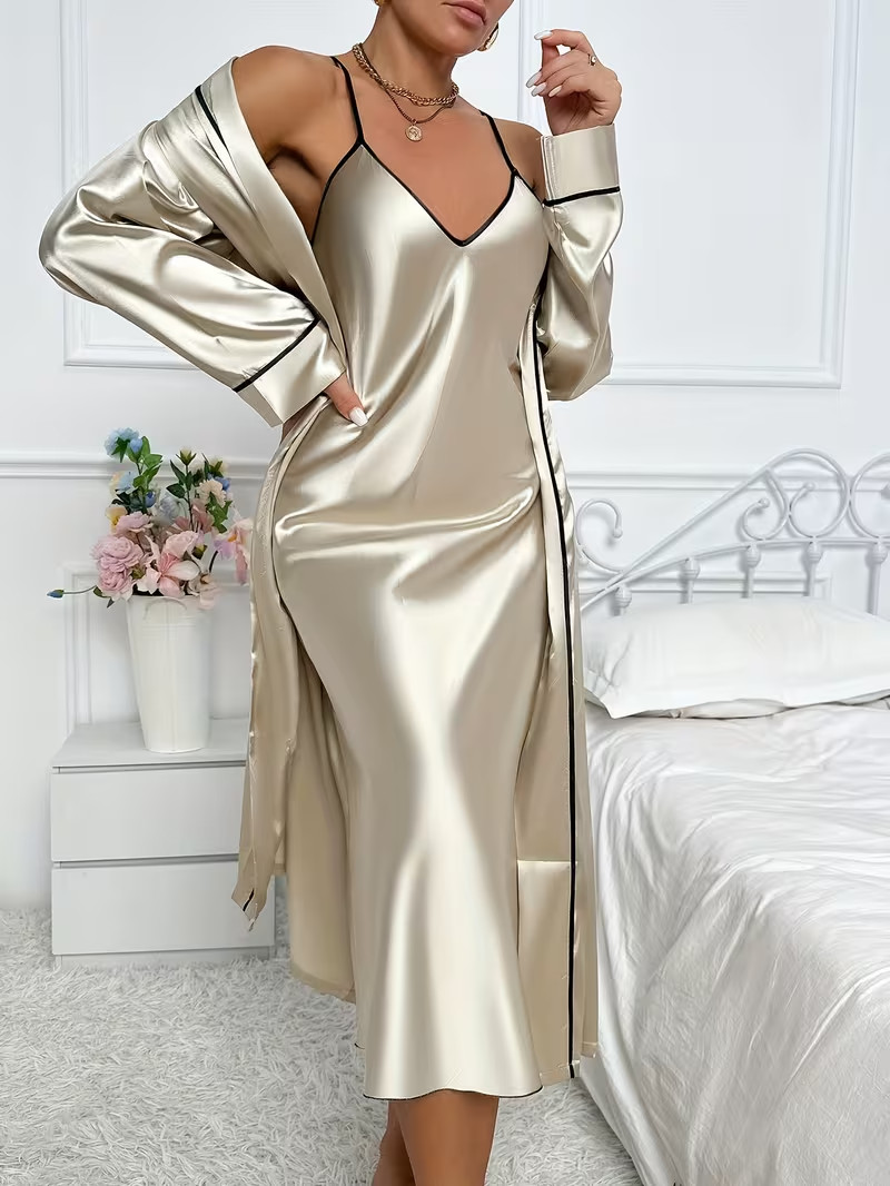 New Elegant Champagne Satin Nightgown Robe Peignoir Set XL NEW