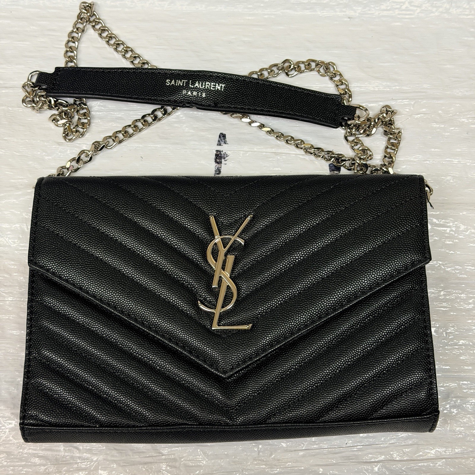 Saint Laurent YSL Black Chevron Quilted Logo Chain Shoulder Bag w/ Dust Bag