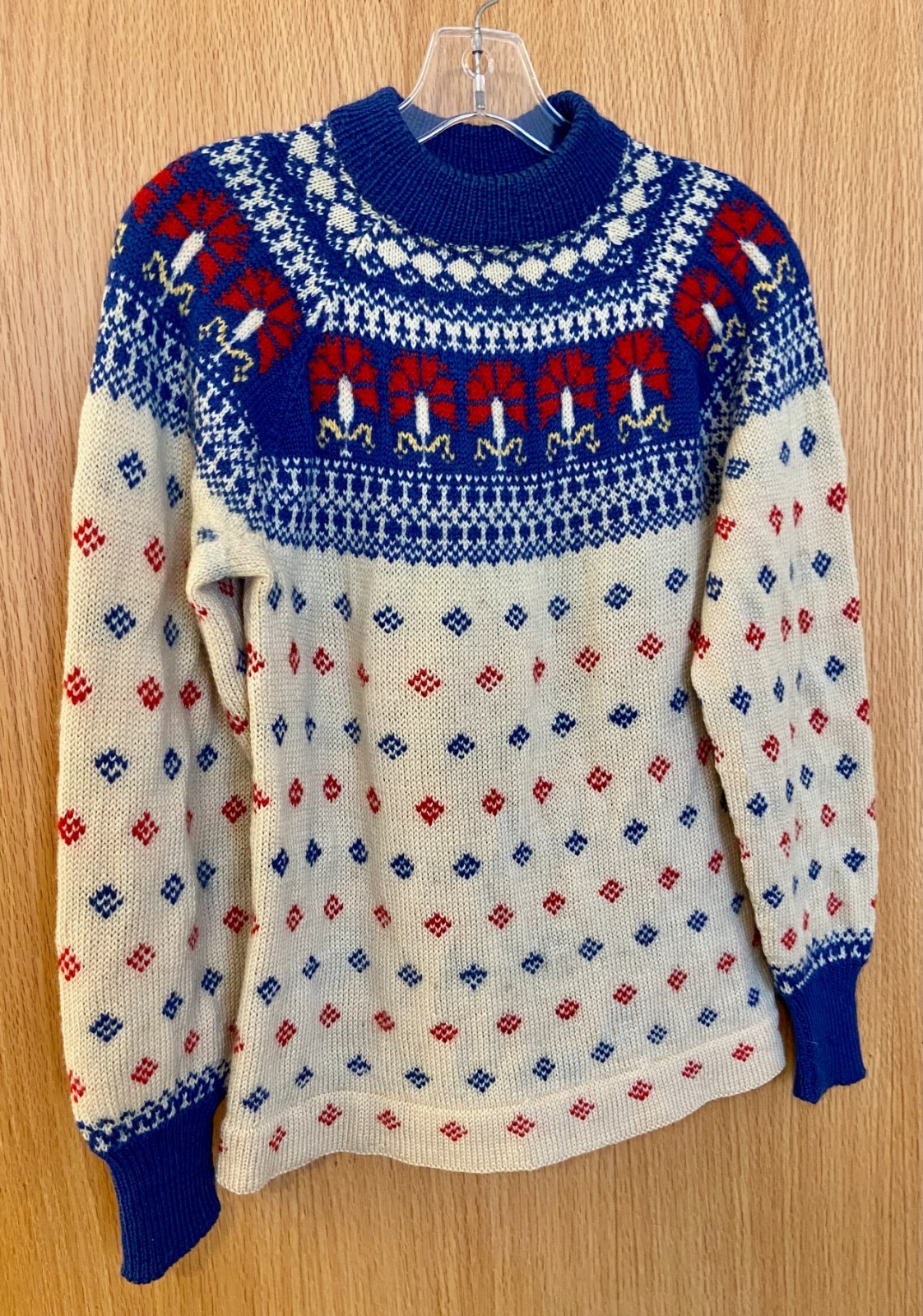 Vintage 1950s GOKEY’S ST. PAUL Cream Blue Red Wool Ski Sweater S-M