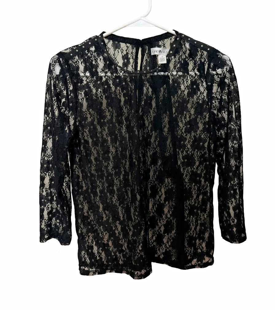 Black Lace Studded Collar Long-Sleeve Top Black Lace Studded Collar Long-Sleeve Top