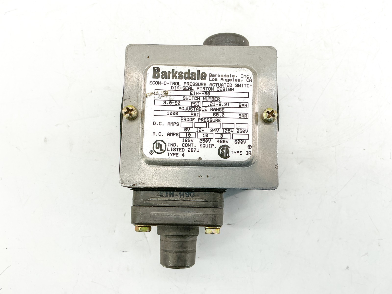 New Barksdale E1H-H90 Pressure Switch 3-90PSI 1000PSI Proof - No Box New Barksdale E1H-H90 Pressure Switch 3-90PSI 1000PSI Proof - No Box