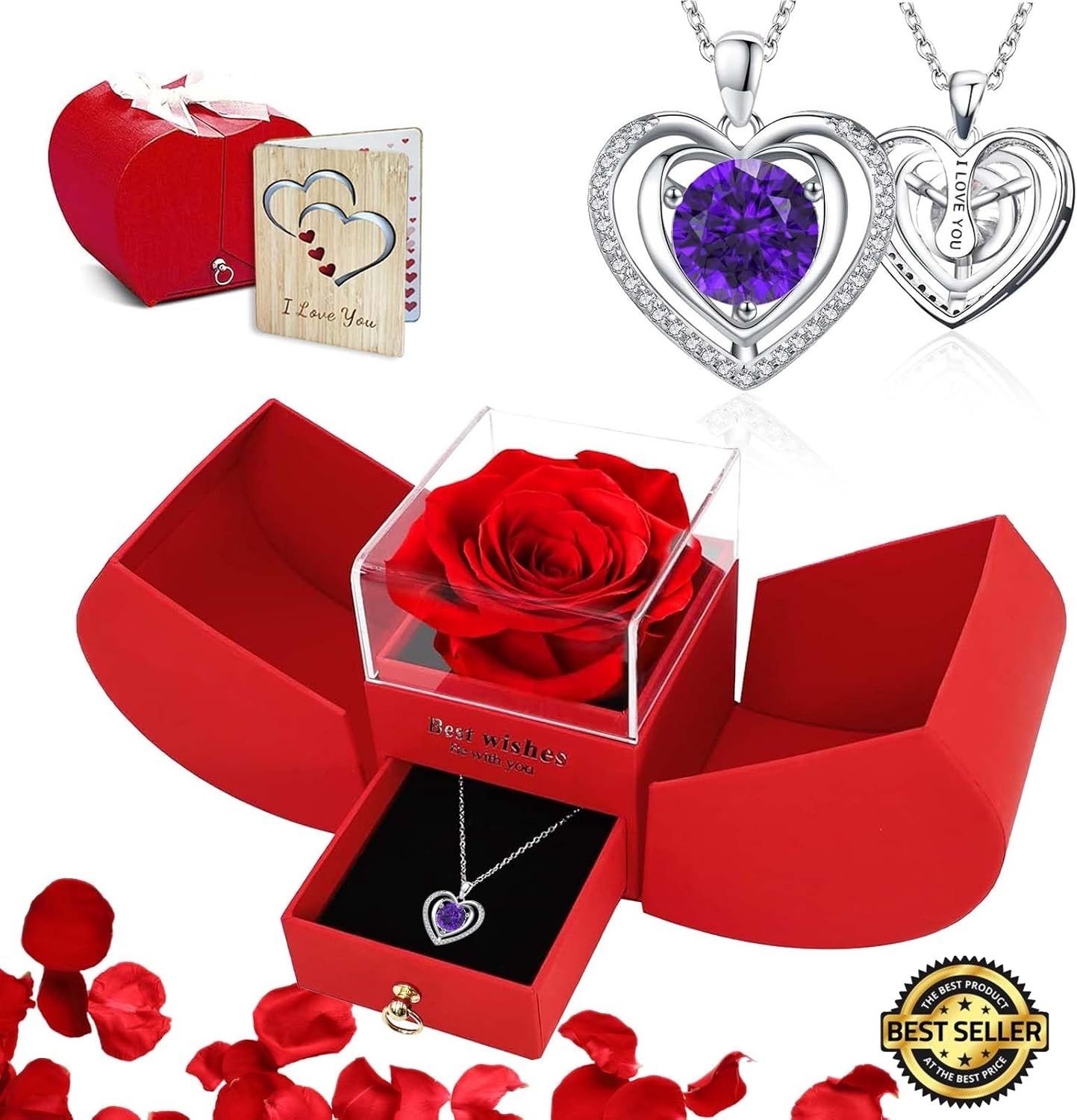 Preserved Real Red Rose with Heart Necklace, Gift Box for Women, Girlfriend, Mum Preserved Real Red Rose with Heart Necklace, Gift Box for Women, Girlfriend, Mum