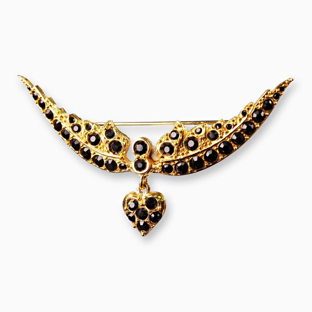 Vintage Sonia Rykiel Paris Black Rhinestone Winged Brooch Heart Box Stamped 90s