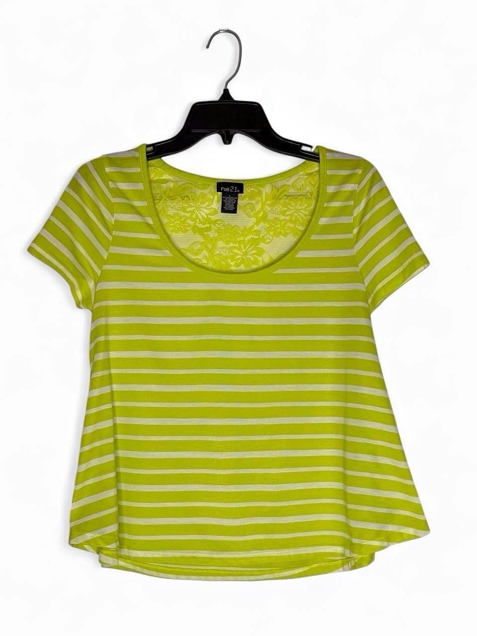 Rue 21 Y2K Lime Green Striped Lace Back Babydoll Tee Size L Rue 21 Y2K Lime Green Striped Lace Back Babydoll Tee Size L