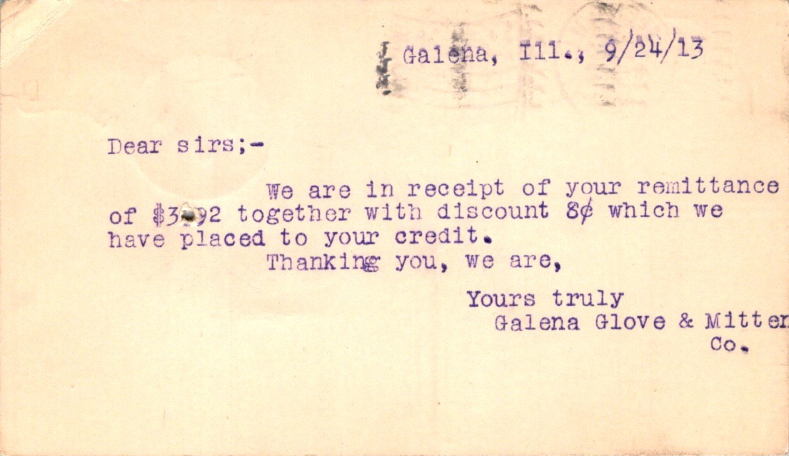 1913 Galena Glove & Mitten Co. Business Postcard McKinley Stamp Galena IL