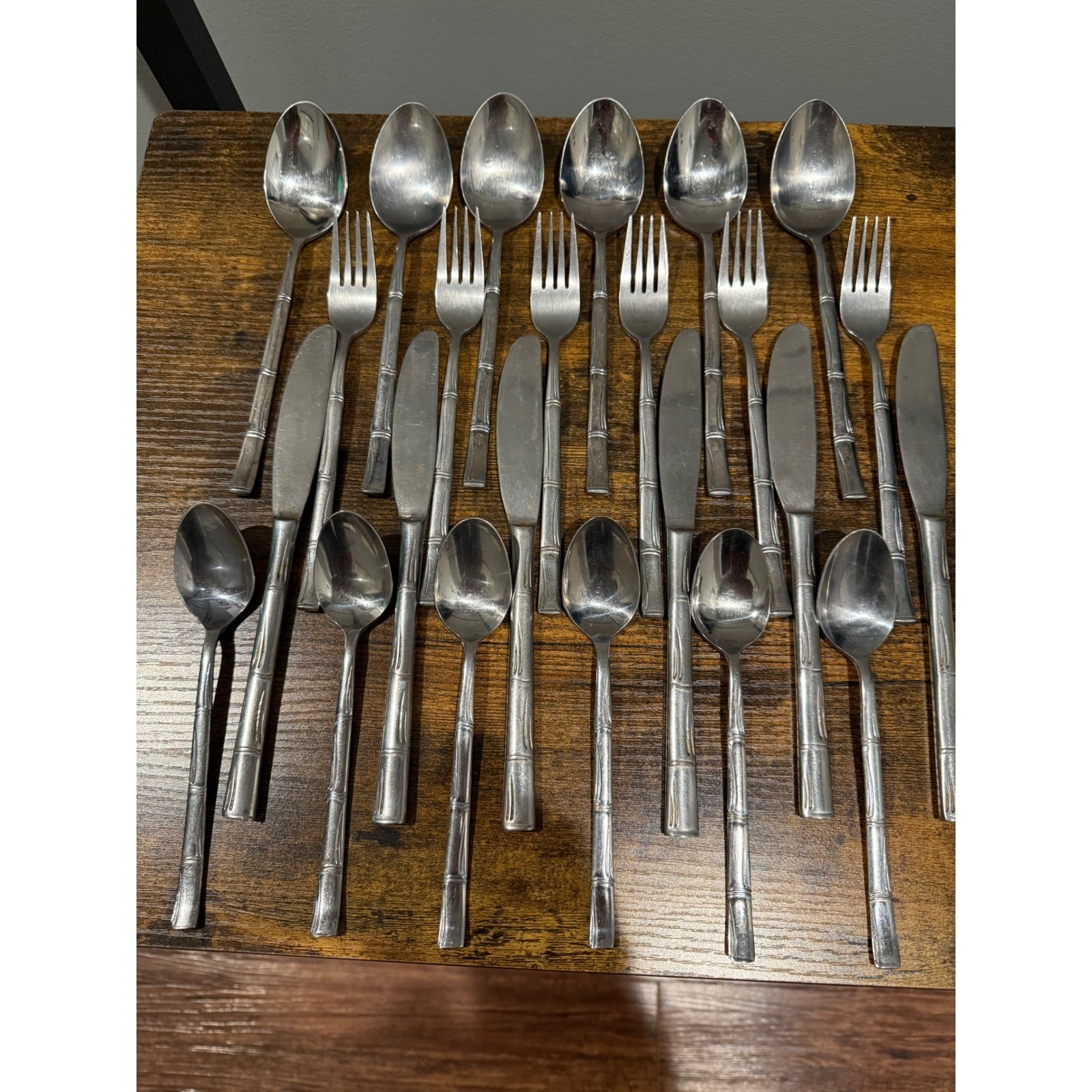 Cosmos Stainless Korea Bamboo Pattern Flatware Set 24 Pieces Silver MCM Tiki