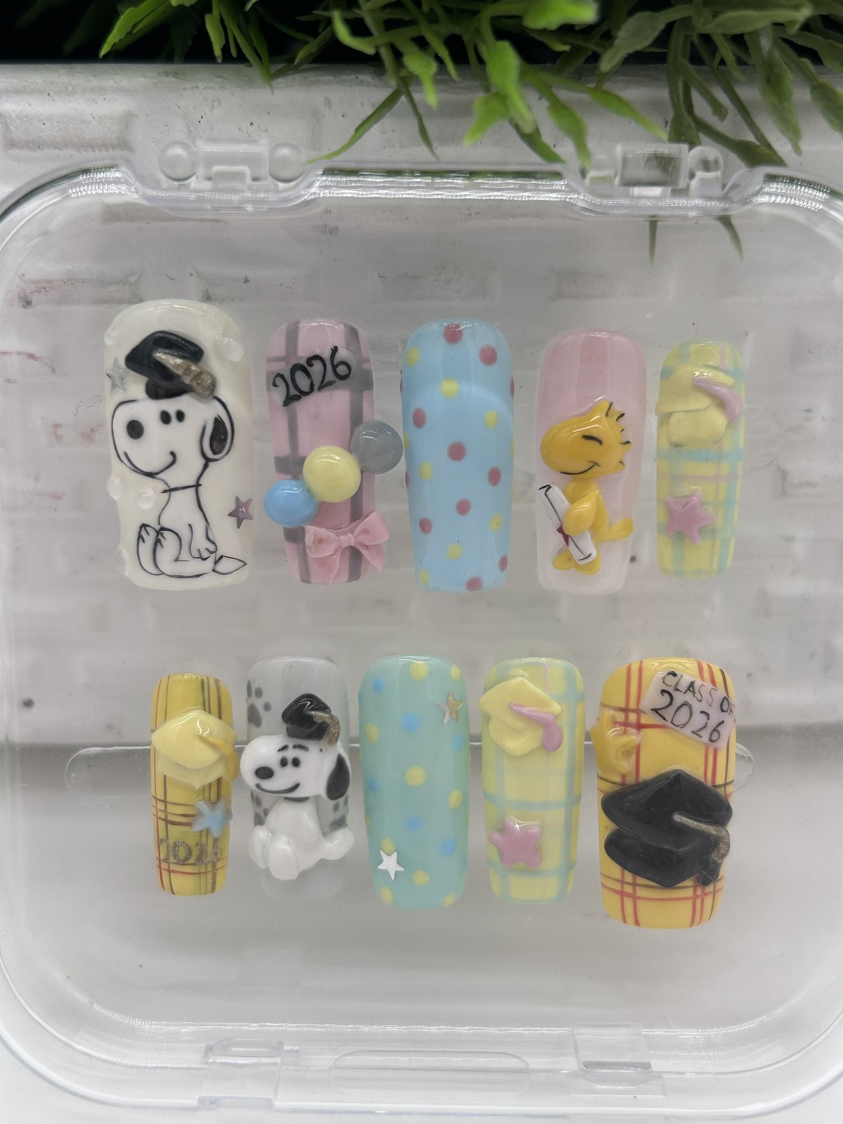 Snoopy Woodstock Class of 2026 Graduation Press-On Nails 3D Charms 10pc Set Snoopy Woodstock Class of 2026 Graduation Press-On Nails 3D Charms 10pc Set