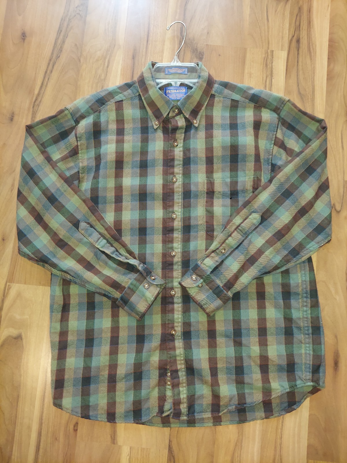 PENDLETON SIR PENDLETON 100% VIR WOOL TARTAN LONG SLV BUTTON SHIRT MENS SZ L GRN